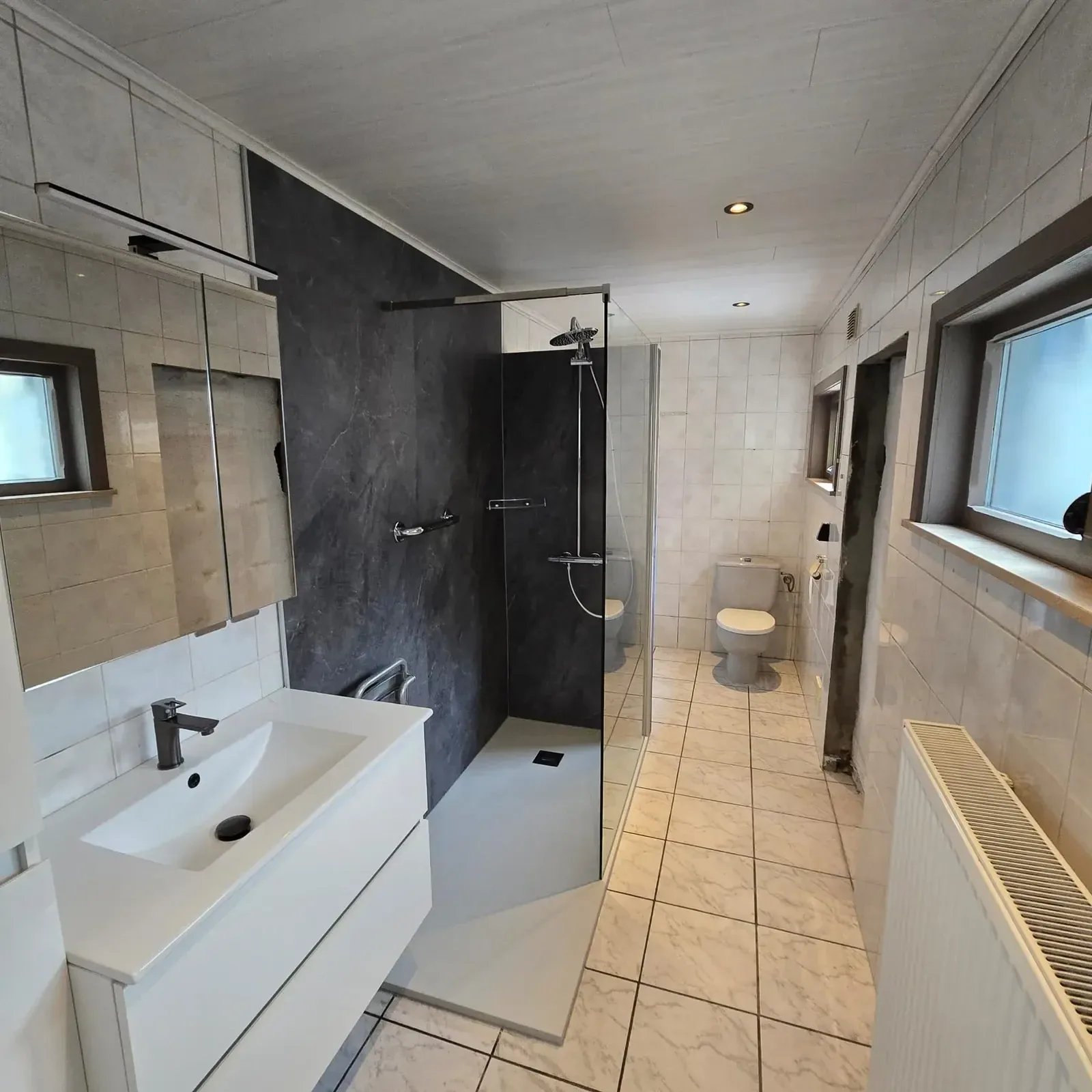 Lange badkamer met wastafelmeubel, inloopdouche met donkere natuursteenlook wand en toilet achterin