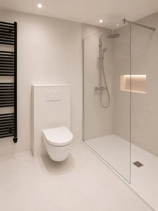 Licht & effen: Lichte badkamer met inloopdouche achter glazen wand, hangtoilet, nisverlichting en zwarte radiator