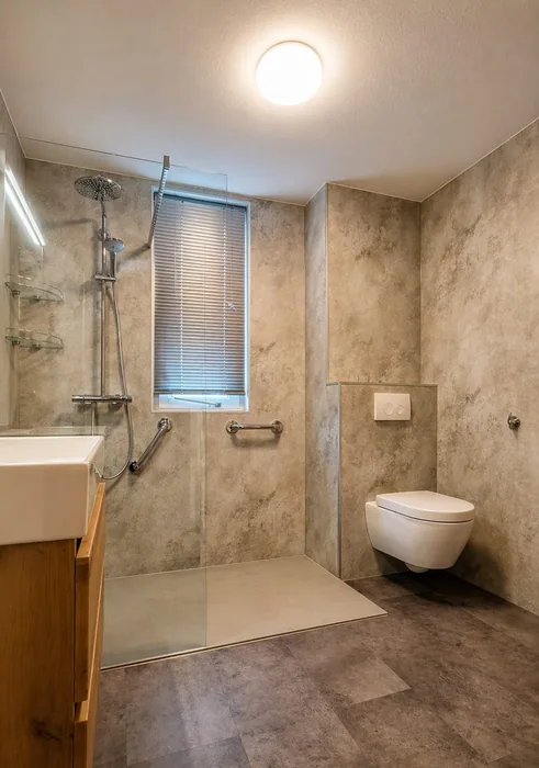 Steenlook: Badkamer met drempelloze inloopdouche, steunbeugels, hangtoilet en steenlook wandpanelen